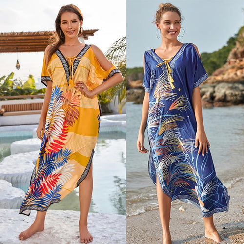 2021 Summer New Printed Off-Shoulder Beach Dress V-Neck Four-Way Stretch Quick-Drying Bikini Blouse