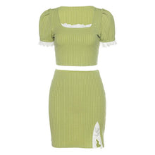 Load image into Gallery viewer, 2021 Summer New Product INS Wind Solid Color Cropped Blouse Split Skirt Short Skirt Suit Two-Piece Short Sleeve