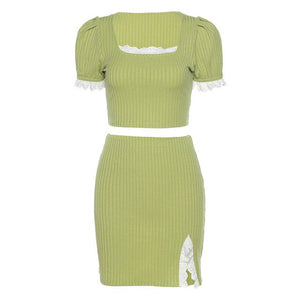 2021 Summer New Product INS Wind Solid Color Cropped Blouse Split Skirt Short Skirt Suit Two-Piece Short Sleeve