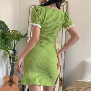 2021 Summer New Product INS Wind Solid Color Cropped Blouse Split Skirt Short Skirt Suit Two-Piece Short Sleeve