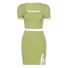 Load image into Gallery viewer, 2021 Summer New Product INS Wind Solid Color Cropped Blouse Split Skirt Short Skirt Suit Two-Piece Short Sleeve