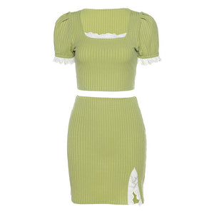 2021 Summer New Product INS Wind Solid Color Cropped Blouse Split Skirt Short Skirt Suit Two-Piece Short Sleeve