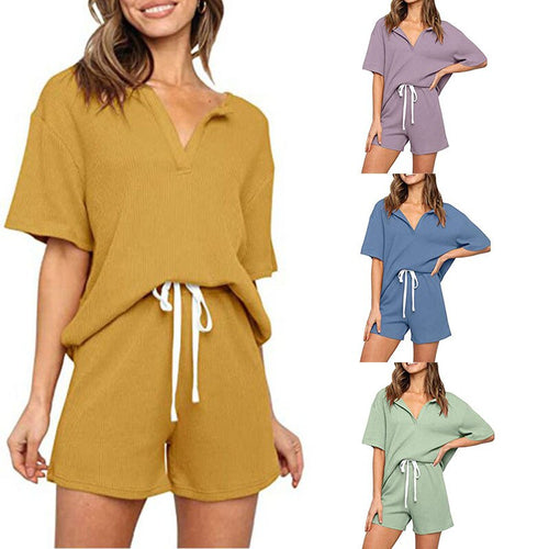 2021 Summer New Product Women's Threaded Fabric V-Neck Top + Shorts With Pocket Casual Suit