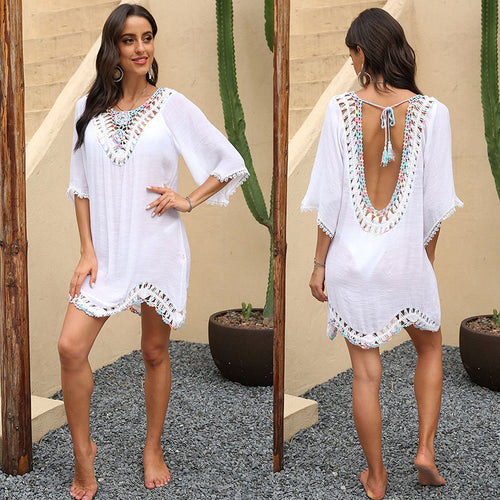 2021 Summer New Sexy Halter Strap Hand Hook Stitching Five-Point Sleeve Irregular Beach Top Women