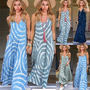 2021 Summer New Sexy V-neck Sling Dress Sleeveless Loose Long Skirt Bohemian Print Casual Lazy Style Sleeveless Dress.