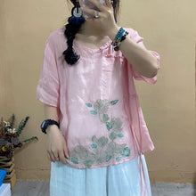 Load image into Gallery viewer, 2021 Summer New Shirt Women Retro Loose Oblique placket button Drawstring Tops  Blouse O-Neck Short Sleeve Embroidery Shirt