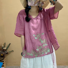 Load image into Gallery viewer, 2021 Summer New Shirt Women Retro Loose Oblique placket button Drawstring Tops  Blouse O-Neck Short Sleeve Embroidery Shirt