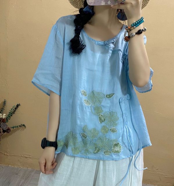 2021 Summer New Shirt Women Retro Loose Oblique placket button Drawstring Tops  Blouse O-Neck Short Sleeve Embroidery Shirt