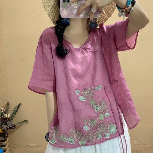 2021 Summer New Shirt Women Retro Loose Oblique placket button Drawstring Tops  Blouse O-Neck Short Sleeve Embroidery Shirt