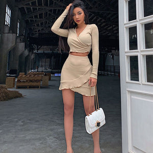 2021 Summer New Slim Lotus Leaf Cardigan Long-Sleeved Tight-Fitting Hip Two-Piece Suit