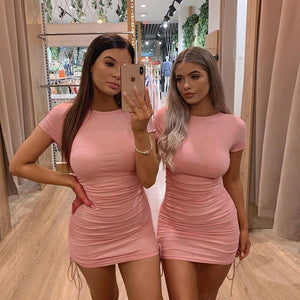 2021 Summer New Solid Color Bodycon Mini Dress Basic Women Summer Ribbed Pleated Short-sleeved Dress Clubwear Dresses