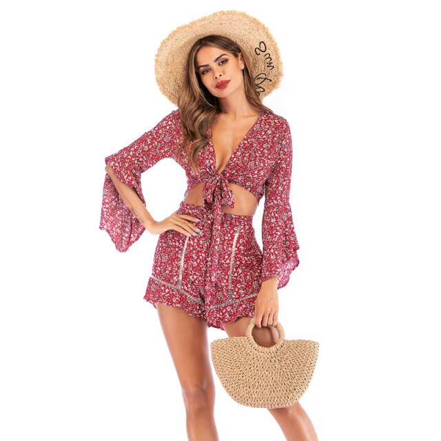 2021 Summer New Style Long-Sleeved Floral Sexy Chiffon Shirt Beach Vacation Shorts Female Suit