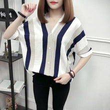 Load image into Gallery viewer, 2021 Summer New Style Plus-sized Loose-Fit Fashion V-neck Striped Blouse Shirt Women&#39;s Short Sleeved BF Casual Korean-Style Top