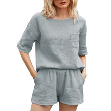 Load image into Gallery viewer, 2021 Summer New Style Solid Color Cotton And Linen Round Neck Drop Shoulder Sleeve Fashion Casual Sports Two-Piece Suit