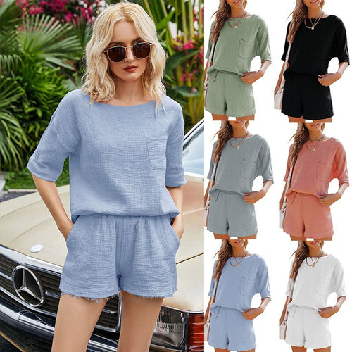 2021 Summer New Style Solid Color Cotton And Linen Round Neck Drop Shoulder Sleeve Fashion Casual Sports Two-Piece Suit