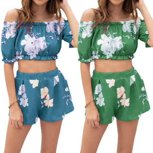 2021 Summer New Style Women's Fashion Casual Printed Blouse + Shorts Two-Piece Suit