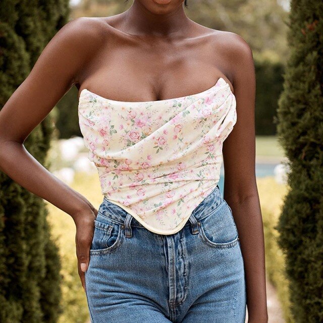 2021 Summer New Style Women's Sexy Fashionable Small Floral Off Shoulder Corset Vest Short Upper Outer For Ladies