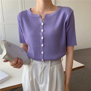2021 Summer New Trendy Korean Style Chic Top Summer Design Knitted Short-Sleeved T-shirt Bottoming Shirt For Women Plus Size