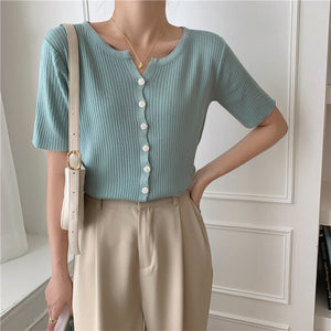 2021 Summer New Trendy Korean Style Chic Top Summer Design Knitted Short-Sleeved T-shirt Bottoming Shirt For Women Plus Size