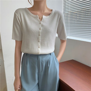 2021 Summer New Trendy Korean Style Chic Top Summer Design Knitted Short-Sleeved T-shirt Bottoming Shirt For Women Plus Size