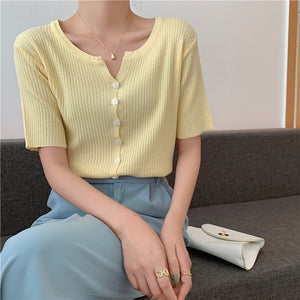 2021 Summer New Trendy Korean Style Chic Top Summer Design Knitted Short-Sleeved T-shirt Bottoming Shirt For Women Plus Size