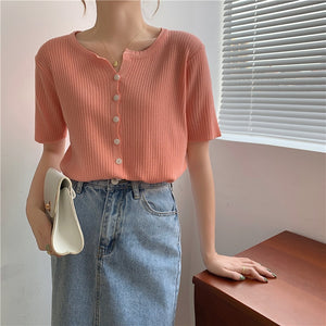 2021 Summer New Trendy Korean Style Chic Top Summer Design Knitted Short-Sleeved T-shirt Bottoming Shirt For Women Plus Size