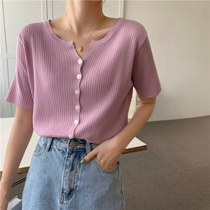 2021 Summer New Trendy Korean Style Chic Top Summer Design Knitted Short-Sleeved T-shirt Bottoming Shirt For Women Plus Size