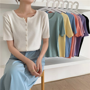 2021 Summer New Trendy Korean Style Chic Top Summer Design Knitted Short-Sleeved T-shirt Bottoming Shirt For Women Plus Size