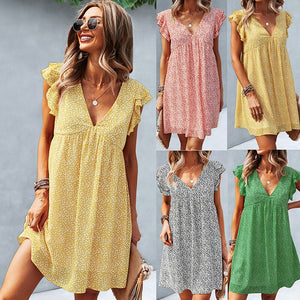 2021 Summer New Women' S Fashion Sexy Floral Print Deep V Neck Flying Short Sleeve Ruffles Loose A Line Mini Dress Ladies Basic