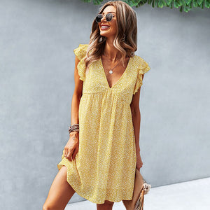 2021 Summer New Women' S Fashion Sexy Floral Print Deep V Neck Flying Short Sleeve Ruffles Loose A Line Mini Dress Ladies Basic