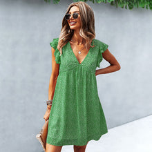 Load image into Gallery viewer, 2021 Summer New Women&#39; S Fashion Sexy Floral Print Deep V Neck Flying Short Sleeve Ruffles Loose A Line Mini Dress Ladies Basic