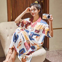 Load image into Gallery viewer, 2021 Summer New Women Short-sleeved Silk Cardigan Pajamas Students&#39; Cute Cartoon Long Nightdress HomeWear Can Be Worn Outside