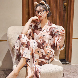 2021 Summer New Women Short-sleeved Silk Cardigan Pajamas Students' Cute Cartoon Long Nightdress HomeWear Can Be Worn Outside