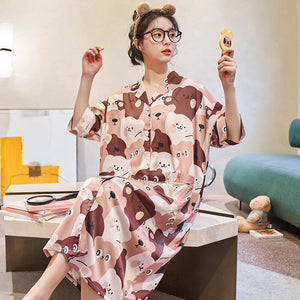 2021 Summer New Women Short-sleeved Silk Cardigan Pajamas Students' Cute Cartoon Long Nightdress HomeWear Can Be Worn Outside