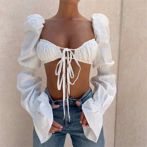 2021 Summer New Women Top Sexy Fashion Solid Flare Sleeve Bandage Shirring Crop Tops Short Square Collar Black White