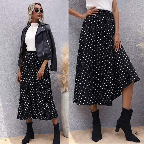2021 Summer New Women's Black Slim Mid-Length Pleated Polka-Dot Skirt