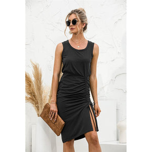 2021 Summer New Women's Fahion Casual Solid Spaghetti Straps Sleeveless O Neck Empire Package Hip Knee Lenght Dress Slim Ladies
