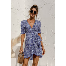 Load image into Gallery viewer, 2021 Summer New Women&#39;s Fashion Casual Floral Print Deep V Neck Butterfly Short Sleeve Empire Lace Up A Line Ruffles Dress Lady