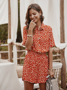 2021 Summer New Women's Fashion Casual Floral Print Turn Down Collar Buttons Folds Tunic Empire Slim Straight Playsuits Ladies