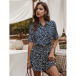 2021 Summer New Women's Fashion Casual Floral Print Turn Down Collar Buttons Folds Tunic Empire Slim Straight Playsuits Ladies