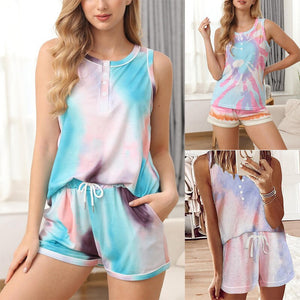 2021 Summer New Women's Fashion Casual O Neck Tie Dye Sleeveless Buttons Vest Elastic Waist Lace Up Pockets Short Pant Lady Slim