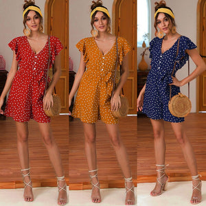2021 Summer New Women's Fashion Casual Polka Dot Deep V Neck Ruffles Buttons Sleeveless Empire Lace Up Playsuits Ladies Skinny