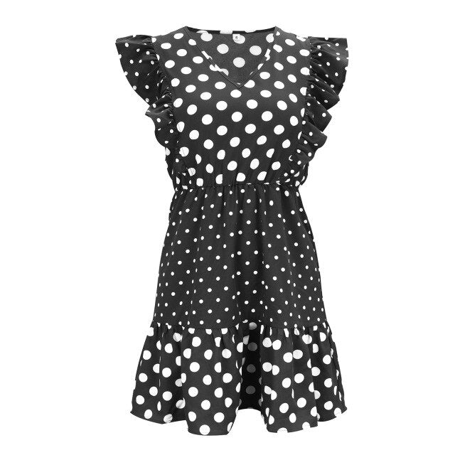 2021 Summer New Women's Fashion Casual Polka Dot Print V Neck Butterfly Short Sleeve Slim Basic Empire A Line Mini Dress Ladies