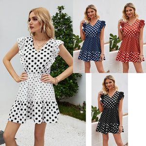 2021 Summer New Women's Fashion Casual Polka Dot Print V Neck Butterfly Short Sleeve Slim Basic Empire A Line Mini Dress Ladies