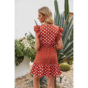 2021 Summer New Women's Fashion Casual Polka Dot Print V Neck Butterfly Short Sleeve Slim Basic Empire A Line Mini Dress Ladies