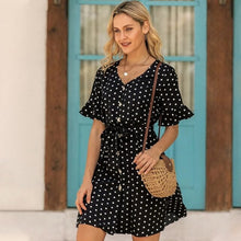 Load image into Gallery viewer, 2021 Summer New Women&#39;s Fashion Casual Polka Dot V Neck Folds Buttons Petal Short Sleeve Lace Up Empire Mini Dress Ladies Basic