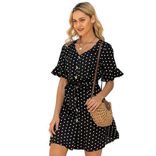 Load image into Gallery viewer, 2021 Summer New Women&#39;s Fashion Casual Polka Dot V Neck Folds Buttons Petal Short Sleeve Lace Up Empire Mini Dress Ladies Basic