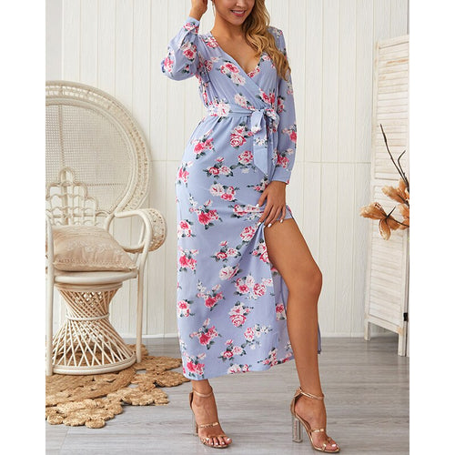 2021 Summer New Women's Fashion Casual Print Deep V Neck Long Sleeve Tunic Lace Up Split A Line Ankle Lenght Dress Ladies Basic