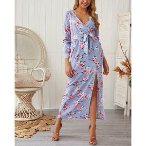 2021 Summer New Women's Fashion Casual Print Deep V Neck Long Sleeve Tunic Lace Up Split A Line Ankle Lenght Dress Ladies Basic