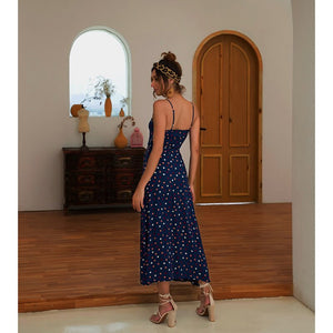 2021 Summer New Women's Fashion Casual Print Slash Neck Spaghetti Straps Sleeveless Backless Loose Waist Ankle Lenght Dress Lady